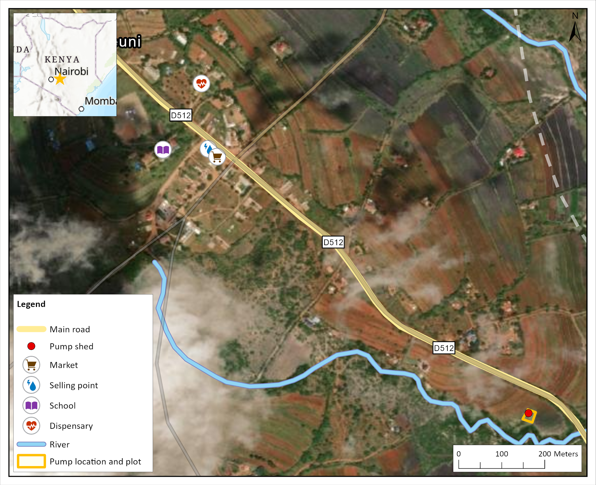 Overview map of Kitheuni in Machakos County, Kenya. The pump site is near the river at the lower right; the market and water selling point are farther northwest, near the school and dispensary. An inset locates the project within Kenya.